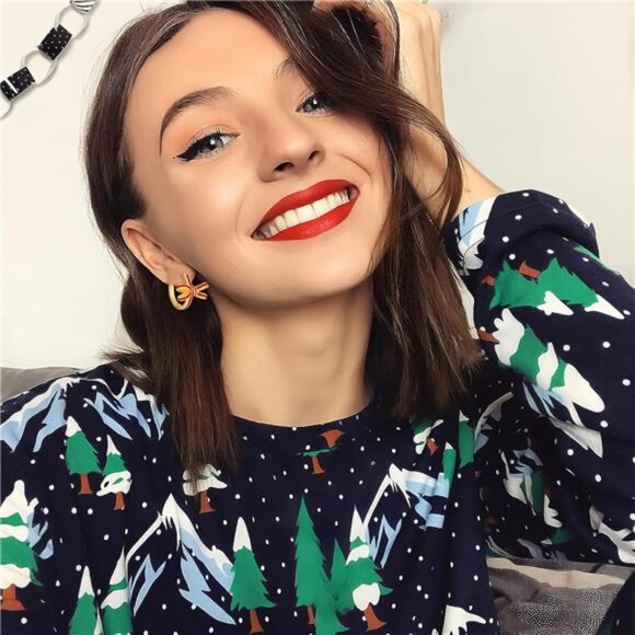 Lovely Bow Hoop Earrings – Red Accent Huggie Hoops, Cute Lightweight Jewelry - Picture 3 of 5